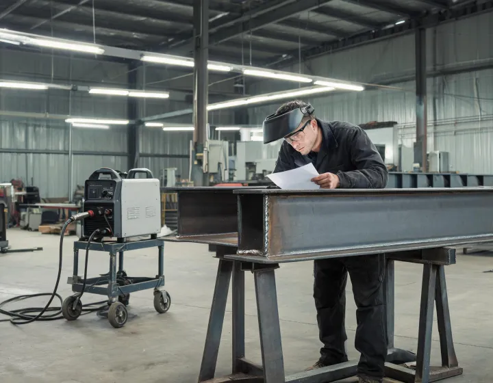 Cart-mounted MIG welder on a fabrication floor with an operator checking a fillet weld against a procedure sheet